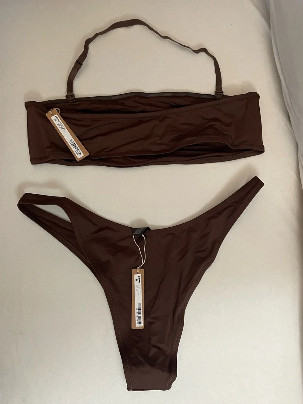 SKIMS 2Pc SET Bandeau Bikini Top & Cheeky Tanga Bottom Cocoa Brown Size XL